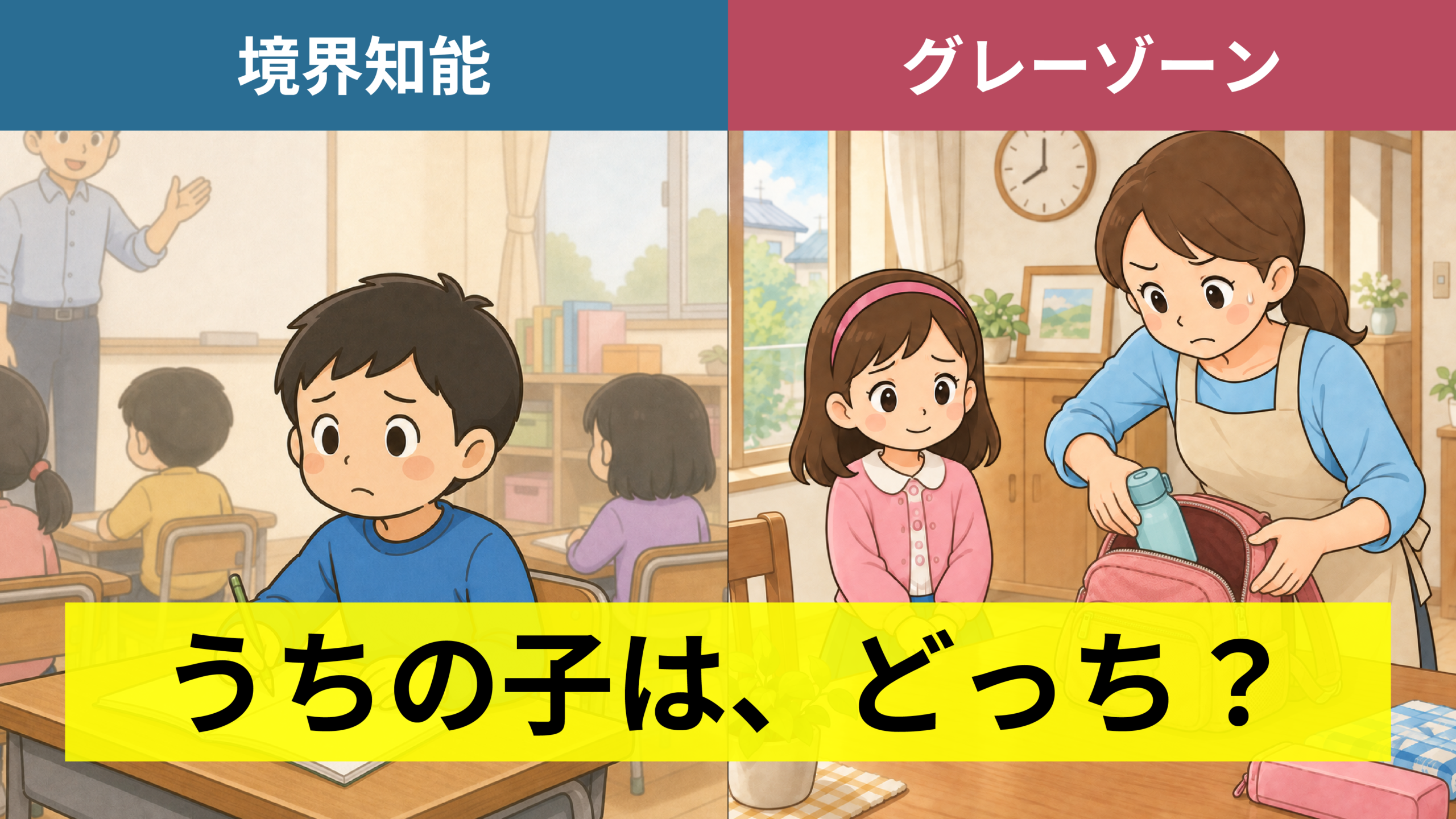 境界知能と発達グレーゾーンの比較。教室で学ぶ男の子と、家庭で準備をする親子。「うちの子は、どっち？」
