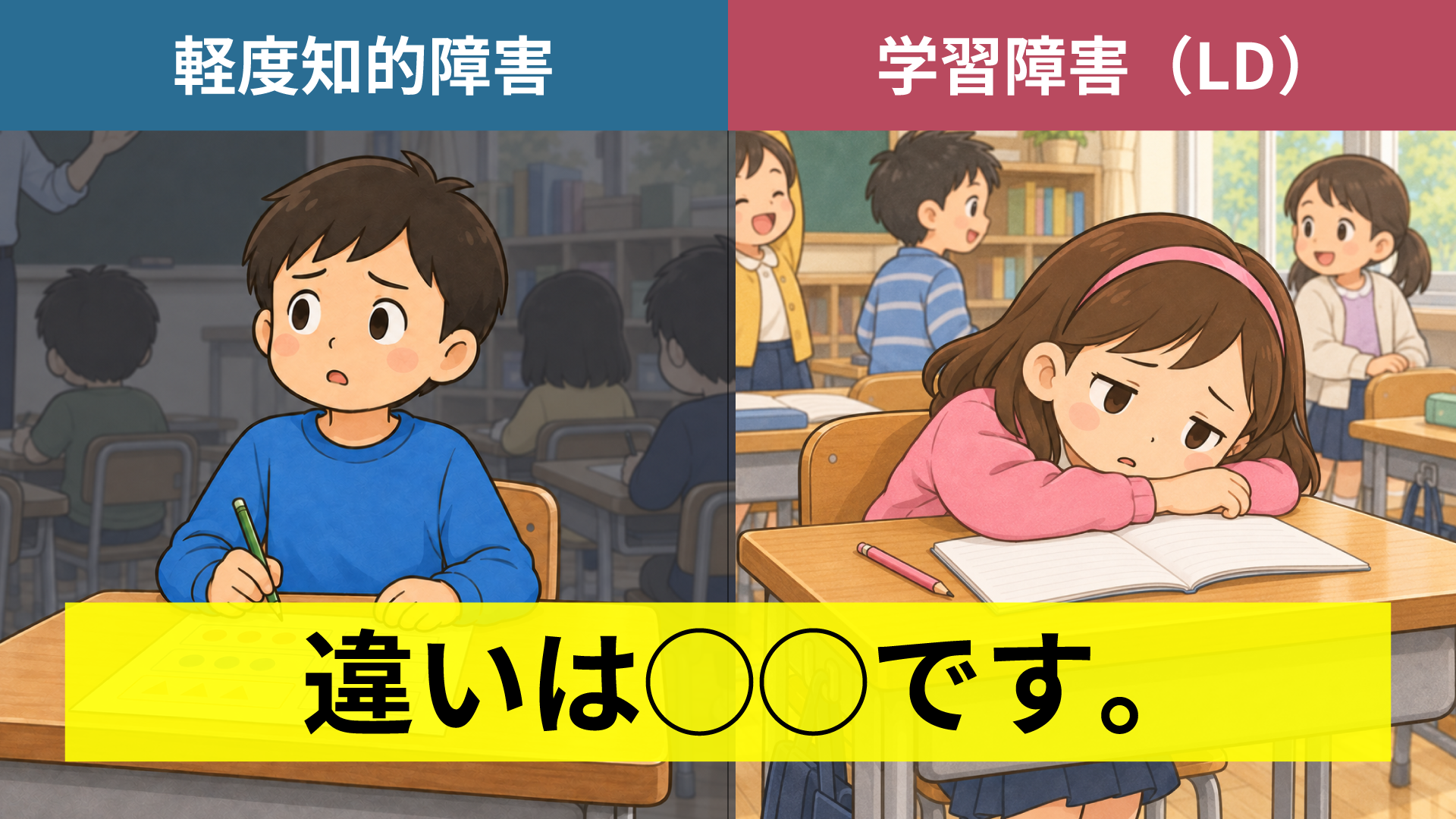 軽度知的障害と学習障害（LD）の比較。教室で困っている男の子と、読み書きに疲れている女の子。