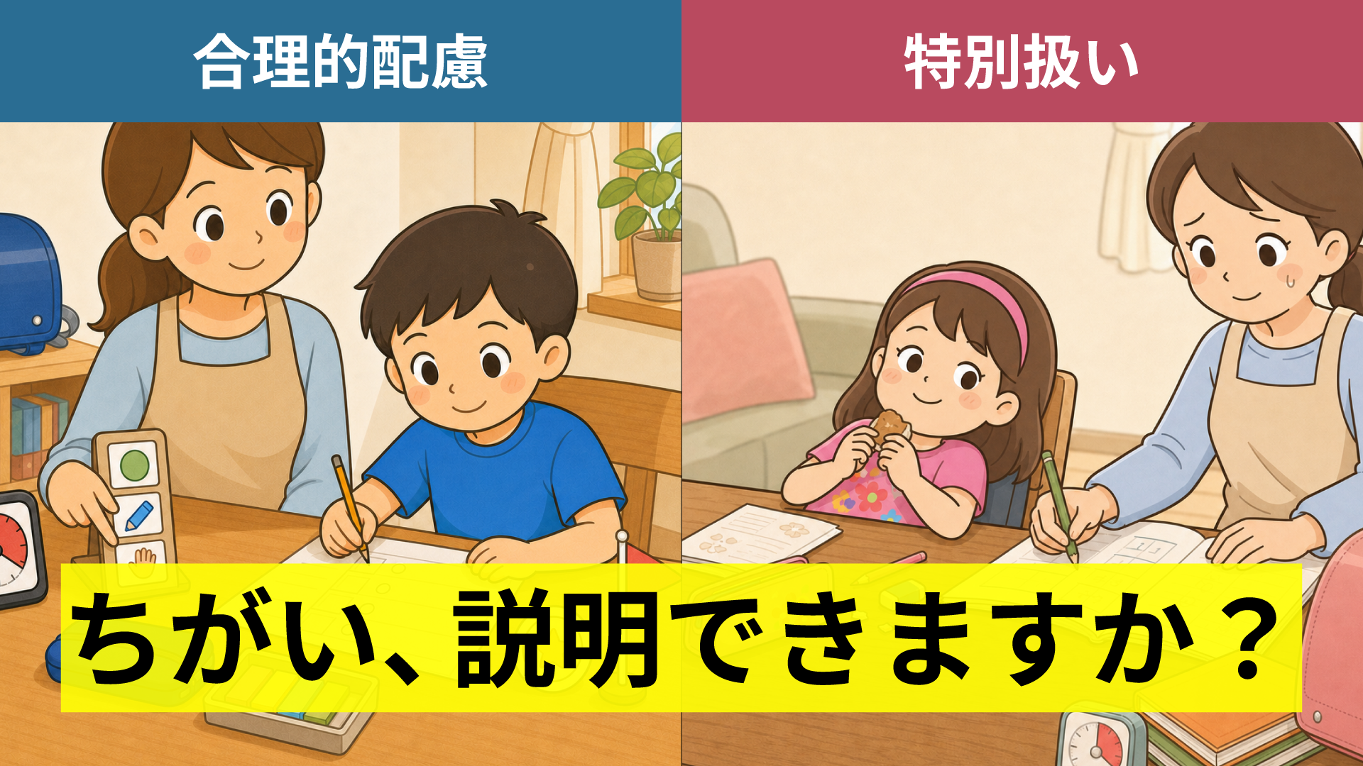 合理的配慮と特別扱いの比較。手順カードで学習する親子と、親が課題を代わりに書く場面。「ちがい、説明できますか？」